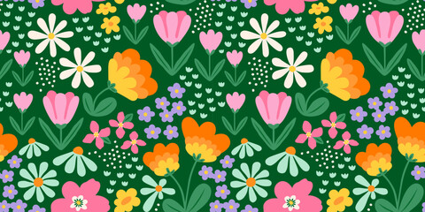 Colorful vintage flower garden art seamless pattern illustration. Retro nature floral background in hand drawn style. Spring season decoration texture, nature textile drawing print.