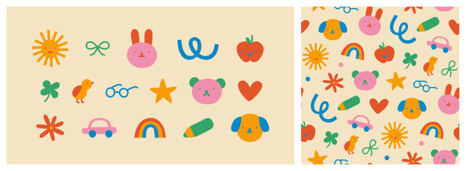Colorful funny children doodle and seamless pattern set. Cute happy kid drawing symbol collection, diverse educational concept illustration bundle. Hand drawn diverse graphic elements. Includes dog, a