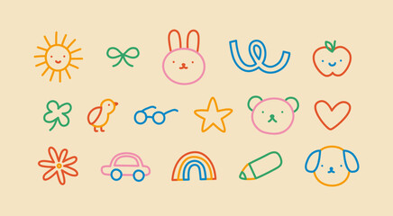 Colorful funny children doodle icon set. Cute happy kid drawing symbol collection, diverse education concept illustration bundle. Hand drawn diverse graphic elements. Includes dog, apple, rainbow.