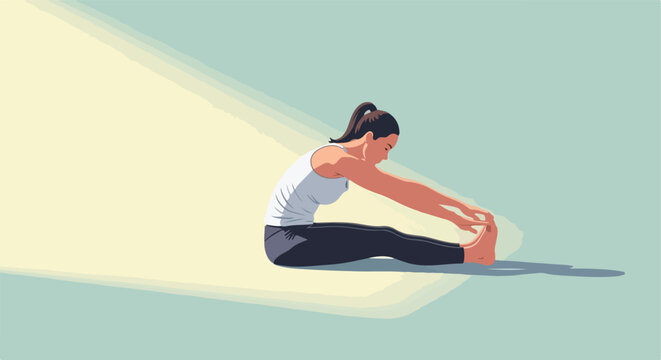 A woman in athletic wear sitting on the floor performing a seated forward bend