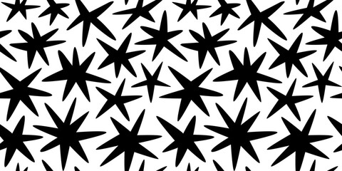 Abstract star shape seamless pattern with black and white geometric doodles. Flat organic cartoon background, simple random shapes print texture. 