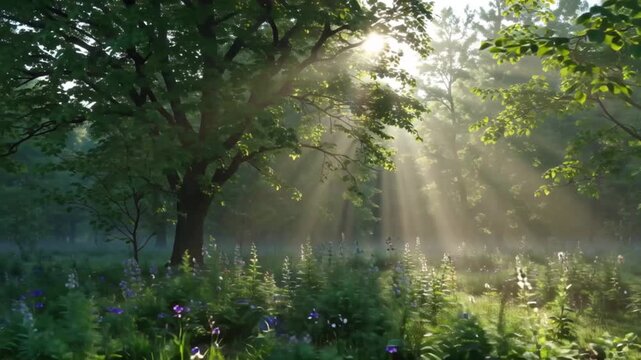 Forest hills covered in spring foliage, layers of fog rolling through valleys, soft sunrise gradient sky