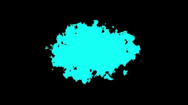 Transitions of cyan expanding paint stains on black backdrop Grunge Ink spreads and fills the screen. cyan ink splat screen. cyan watercolor ink leak drops transition paint.