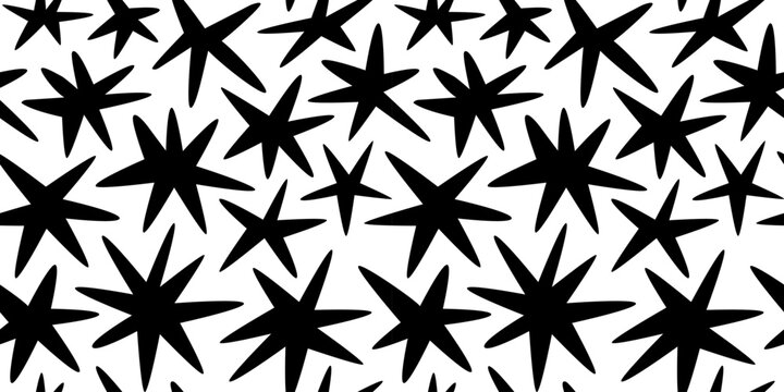 Abstract star shape seamless pattern with black and white geometric doodles. Flat organic cartoon background, simple random shapes print texture.	