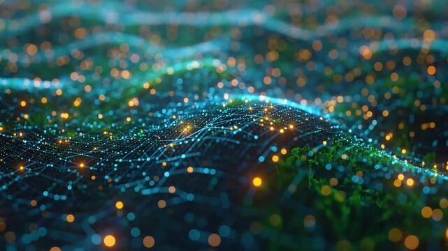 Abstract digital wave pattern with glowing blue lines and orange particles representing data flow or network connection