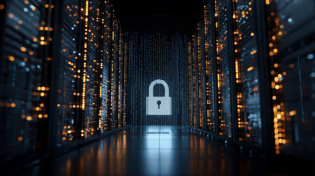 Data security in secure server room with padlock symbol protecting data