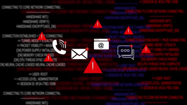 A system notice alert screen showing system compromised warning with red interface,system notice, and urgent visual UI. Ideal for cybersecurity, IT, 4k black background icon animation