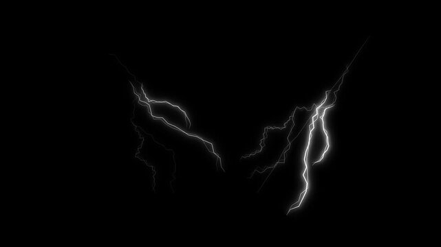 White electric lightning strike with glowing energy pulses, intense thunderstorm animation, realistic power effect visual, cinematic overlay looping high quality on black screen 4K