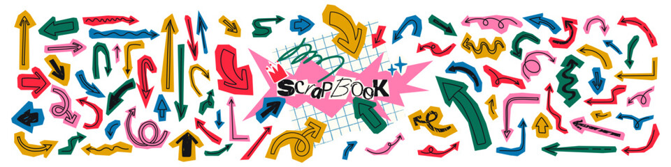 Cut out of craft colored paper hand drawn doodle arrows collection. Funny paper clippings and trendy elements set for collage and scrapbook. Vector illustration isolated on transparent background