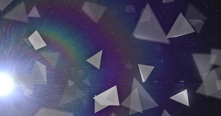 Fototapeta premium Sending bright white lens flare creating radial streaks over starfield with triangles, copy space