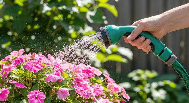 Hand watering pink phlox flowers in sunny garden with green hose spraying water drops.