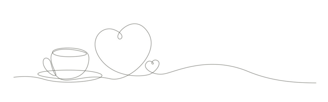 single line drawing features a tea cup or coffee cup and two heart