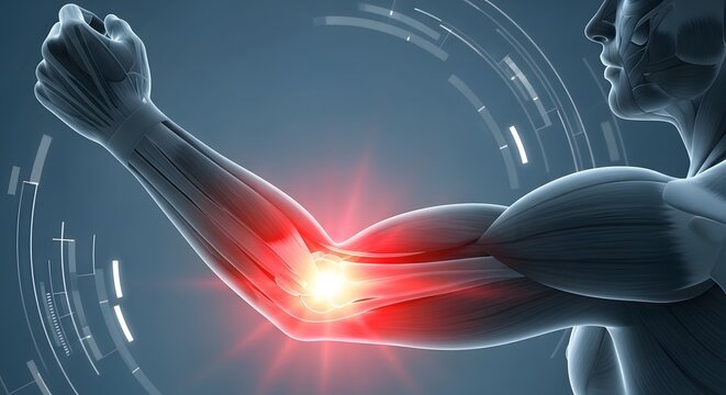 Elbow joint anatomy and bicep muscle injury. Medical technology and physical healthcare. Digital human model with red glowing inflammation on arm