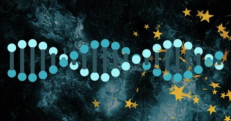 Fototapeta premium Displaying stylized DNA helix with blue nodes and teal bars on teal-black marble, with gold stars