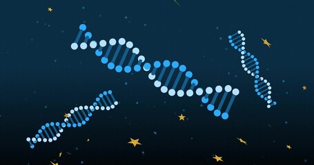 Fototapeta premium Depicting big DNA helix tilting in dark gradient, small helixes, blue nodes, bars, gold stars, dots