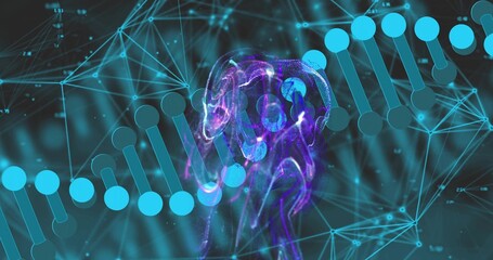 Fototapeta premium Merging central purple nebula cluster blending with turquoise DNA helix in digital lab, with nodes