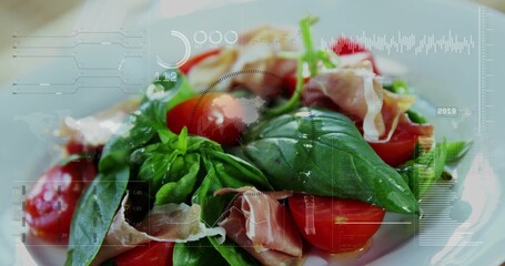 Displaying plated salad with basil leaves, halved cherry tomatoes and ham on tabletop, HUD overlays © vectorfusionart