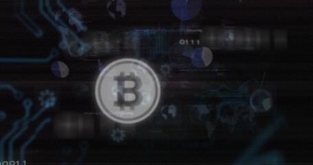 Naklejka premium Glowing Bitcoin token hovering in dark blockchain dashboard with cyan circuits, charts, glitch