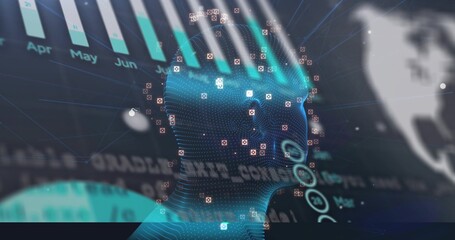 Displaying blue wireframe head rotating in virtual analytics dashboard, with bar chart Apr May Jun © vectorfusionart