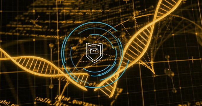 Displaying golden DNA double helix crossing dark gridded plane, featuring blue HUD, shield envelope