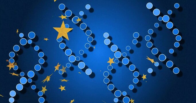 Flowing blue-disc chains with white outlines casting drop shadows on deep-blue backdrop, gold stars