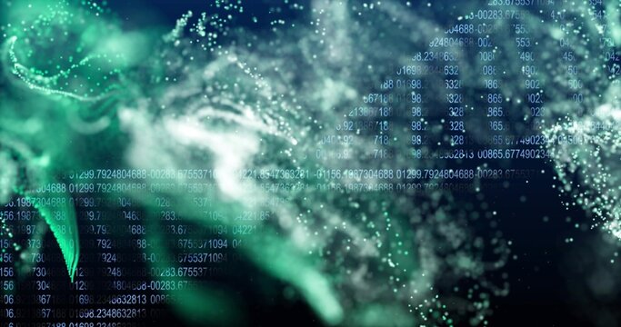 Swirling green white particle clouds and glowing numbers forming digital space, with bokeh points
