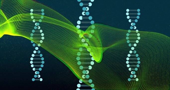 Flowing neon-green mesh ribbon sweeping across deep teal digital canvas, with pale-blue DNA motifs