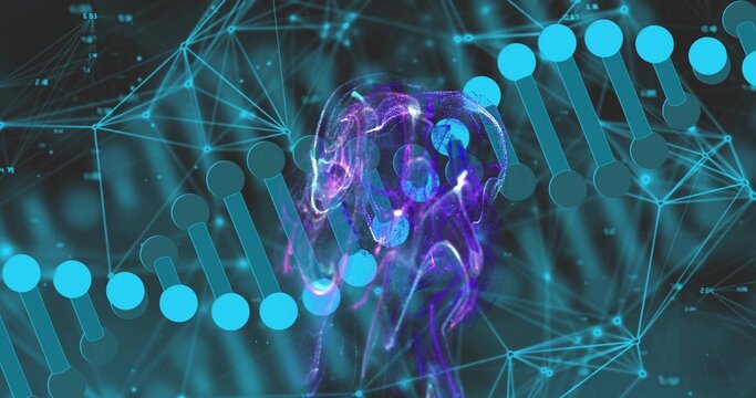 Merging central purple nebula cluster blending with turquoise DNA helix in digital lab, with nodes