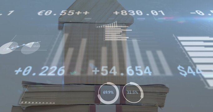 Displaying centered stacked banknote bundles rising in studio composite, with arrow and HUD charts