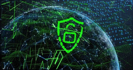 Fototapeta premium Hovering neon-green shield showing padlock above transparent Earth from orbit, with circuit grid