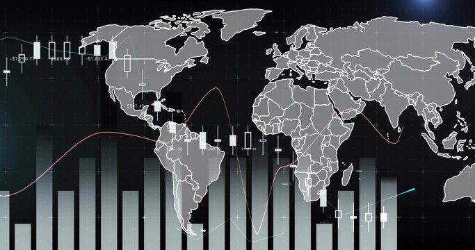 Displaying grayscale world map on trading dashboard with candlesticks bars red and cyan trend lines
