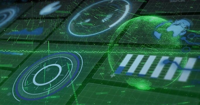 Displaying holographic green globe hovering on right side of control console, with radar rings