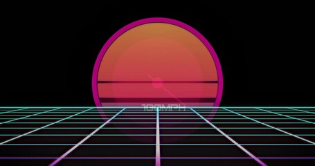 Fototapeta premium Glowing large stylized sun hovering above retro-futuristic neon grid floor, with 100MPH text