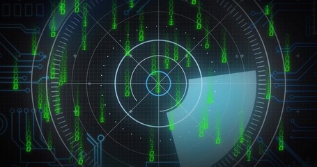 Naklejka premium Displaying radar UI scanning digital display, showing concentric rings and falling binary digits