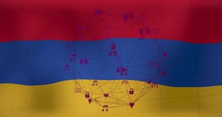 Naklejka premium Displaying transparent sphere network over tricolor flag, showing envelope padlock camera icons