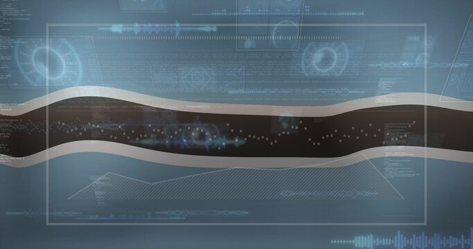 Displaying central wavy ribbon crossing control panel with HUD frame, data squares, wireframe graph