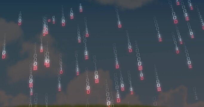 Streaming glowing binary digits 0 and 1 falling over grassy horizon at dusk, with clouds