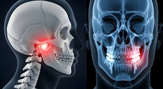 Jaw joint pain and dental toothache diagnosis. Temporomandibular joint disorder and oral health. X-ray view of a human skull showing inflammation in the jaw and molar teeth