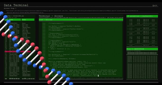 Overlaying 3D DNA double helix crossing wide monitor, displaying Data Terminal, code editor, logs