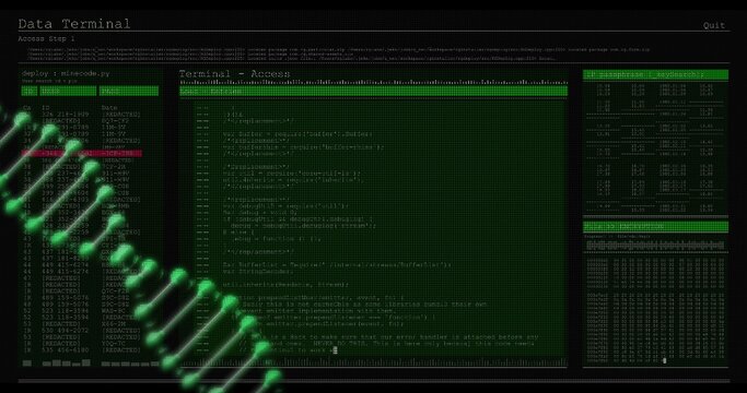 Displaying terminal three-pane console on dark workstation, showing green code and neon DNA overlay