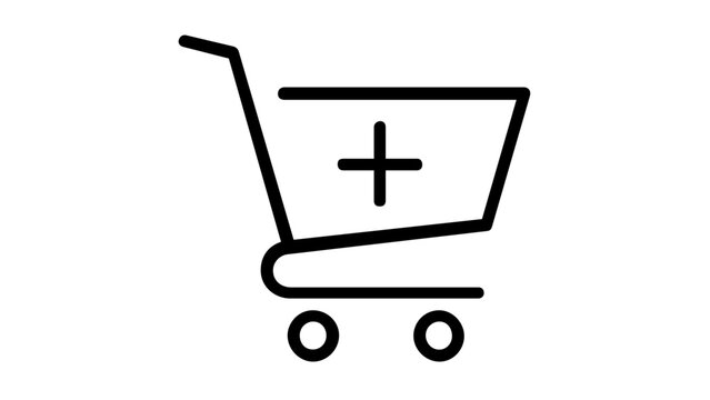 Minimalist black line vector icon of a shopping cart with a plus symbol, perfect for e-commerce websites, mobile apps, and retail interfaces, scalable flat illustration for digital commerce.
