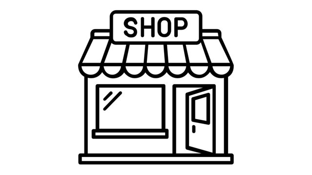 Minimalist shop storefront vector icon illustration featuring a striped awning, window, and open door. Clean line art for retail, commerce, business, and marketplace design projects.