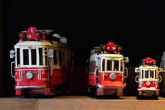Souvenir toys in Istanbul old red trams and cars