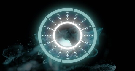 Fototapeta premium Glowing central HUD floating in dark void, showing concentric rings, wedge, drifting teal particles