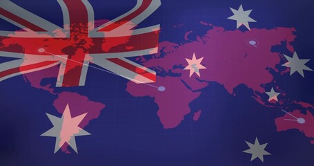 Naklejka premium Displaying stylized world map with Union Jack overlay and stars on deep blue grid, with markers