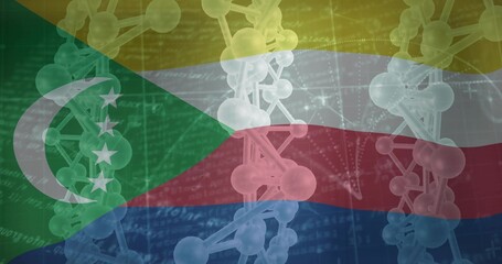 Obraz premium Combining Union of Comoros flag with molecular helices and scientific code in digital composition