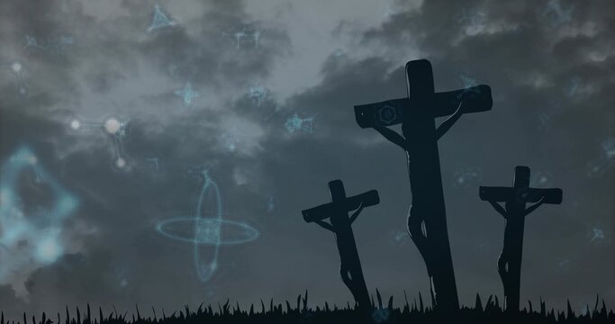 Showing three dark figures hanging on wood crosses at grass ridge in loincloths, bluish sky symbols