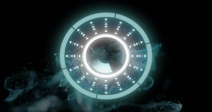 Glowing central HUD floating in dark void, showing concentric rings, wedge, drifting teal particles