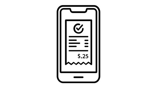 Mobile payment confirmation vector icon illustration featuring a smartphone displaying a digital receipt with a checkmark and price tag, perfect for e-commerce and financial app design.