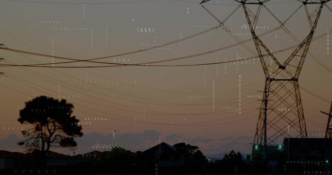 Showing transmission tower and power lines crossing dusk sky over rooftops tree, binary overlay